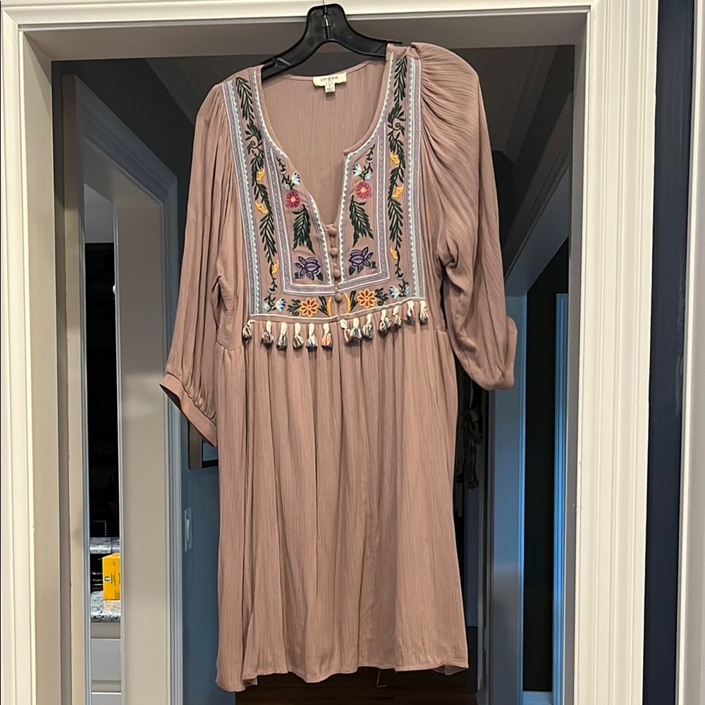 Umgee Embroidered Floral Mauve Cream Blush Pink Tunic Dress Size S